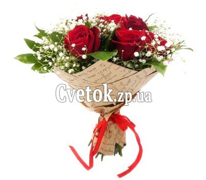 9 красных роз с гипсофилой