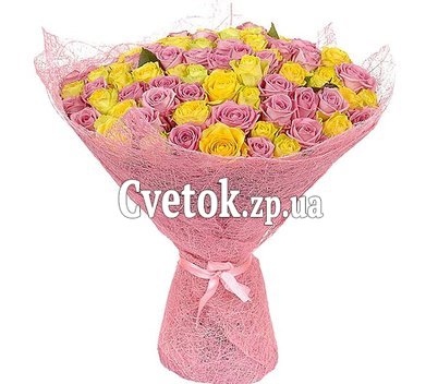 Букет из 75 роз розовых и желтых