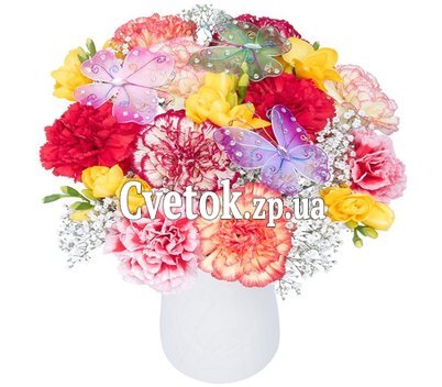 Bright flower arrangement in flower pots