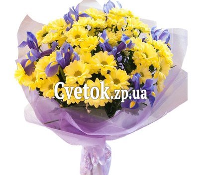 Bright bouquet of yellow chrysanthemums and irises