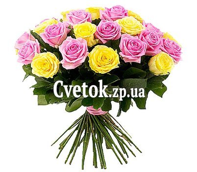 25 розовых и желтых роз