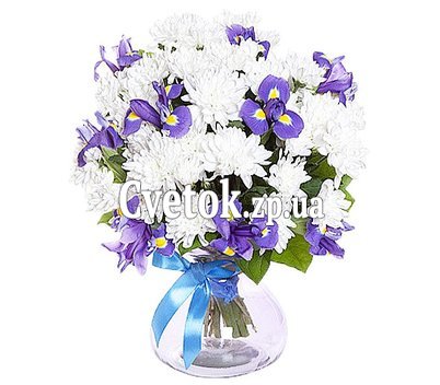 White chrysanthemum and irises in a bouquet