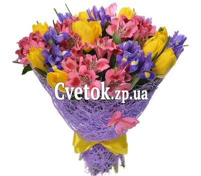 Букет ирисов, альстромерий и тюльпанов