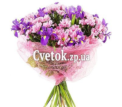 Букет из хризантемы и синих ирисов