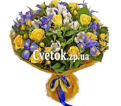 Букет из ирисов, альстромерий и роз