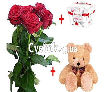 Букет роз и рафаэлло и мишка