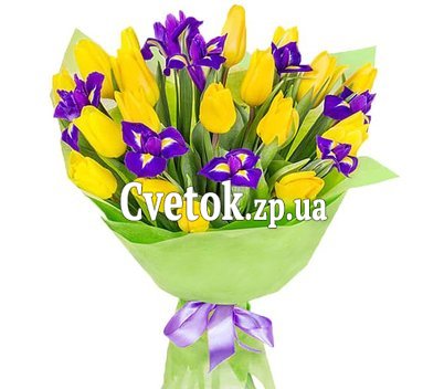 Ирисы и тюльпаны желто-синий букет