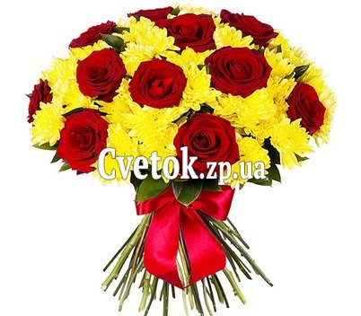 Red yellow bouquet of roses and chrysanthemums