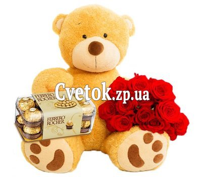 Огромный мишка с розами и конфетами