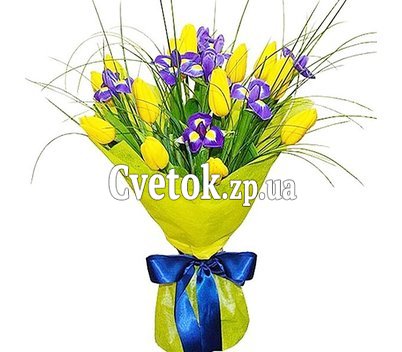 Blue-yellow bouquet of irises and tulips