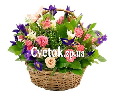 Flower basket with iris and spray roses