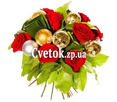 Новогодний букет из роз и игрушек