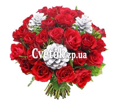 Новогодний букет роз с шишками
