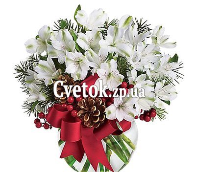 Новогодняя композиция из цветов с ветками ели